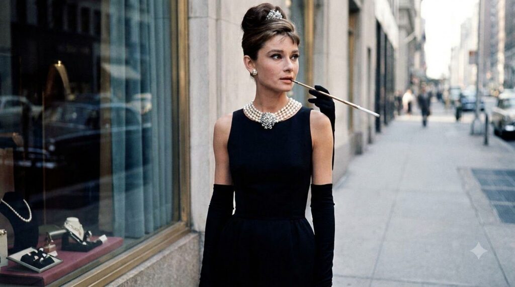 Audrey Hepburn in her iconic Breakfast at Tiffany s black dress and pearls