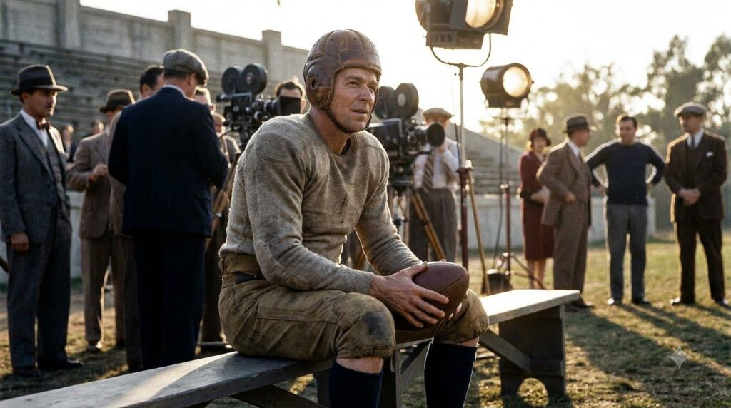 Ronald Reagan in his role as George Gipp in Knute Rockne All American wearing a football uniform from the era