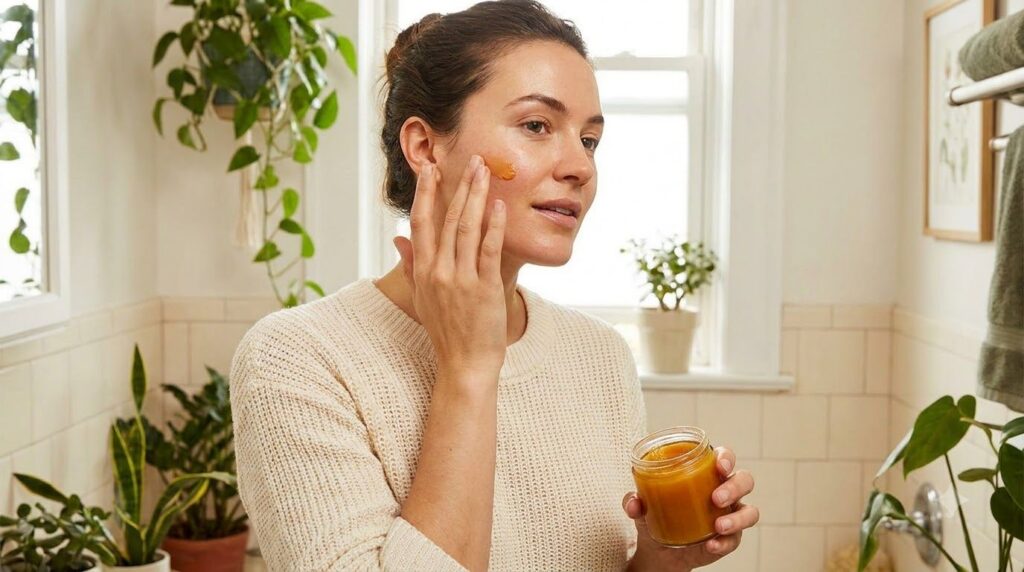 A woman gently applying a small amount of the DIY beauty balm to her face focusing on her cheek with a soft glowing comp