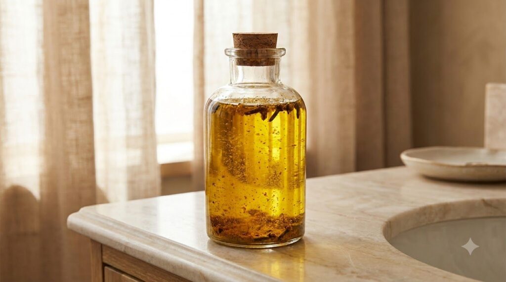 A clear glass bottle filled with the golden-yellow baby oil turmeric and clove blend resting on a clean vanity with soft