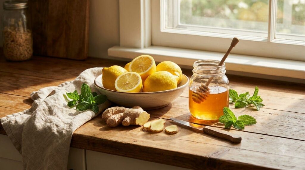 Ingredientes frescos para la bebida limones jengibre y miel en una cocina luminosa