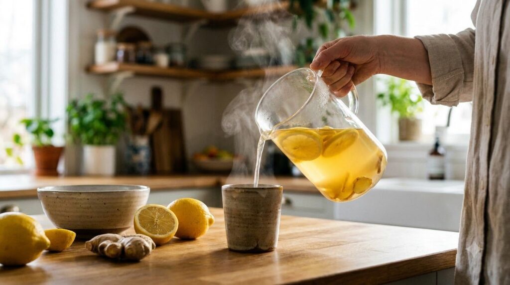 Una persona sirviendo una bebida de limón y jengibre en un vaso con un fondo suavemente desenfocado de una cocina
