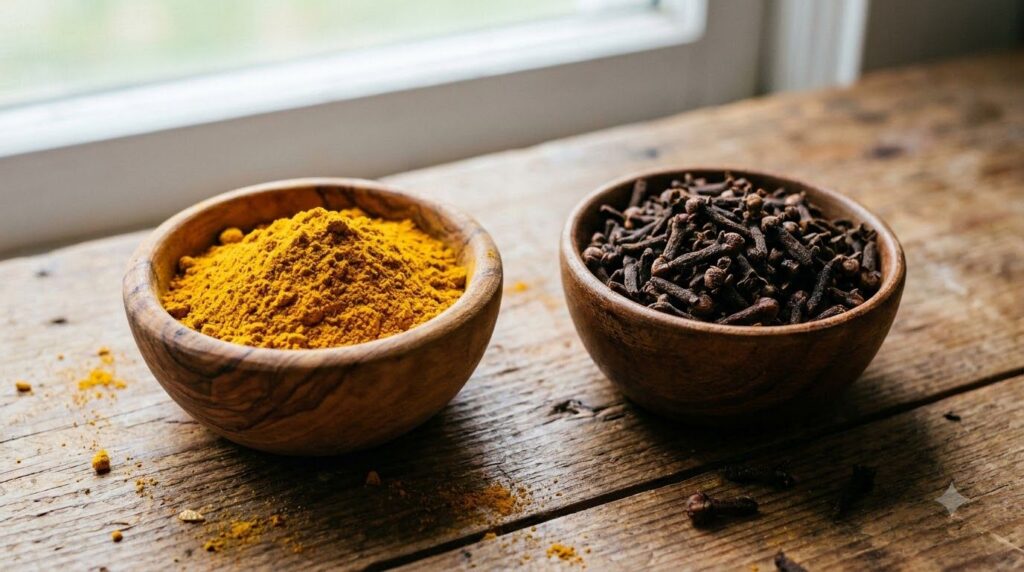 Close-up of golden turmeric powder and dried cloves in small wooden bowls on a rustic surface highlighting their natural