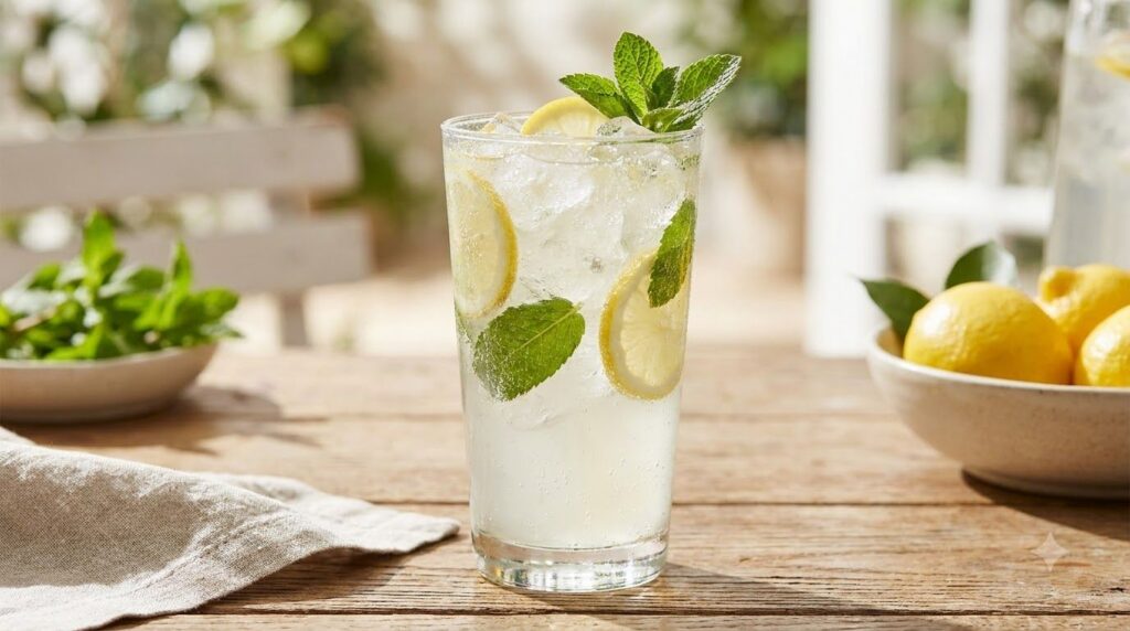 Bebida de limón y menta servida en un vaso con hielo y decorada con rodajas de limón y hojas de menta