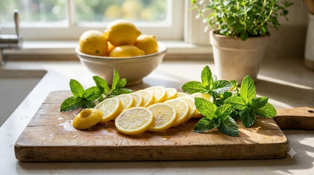 Rodajas de limón y hojas de menta fresca sobre una tabla de cortar