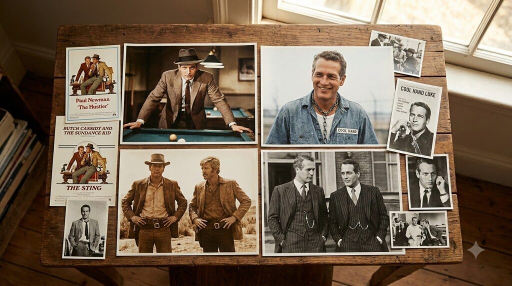 Collage or montage of Paul Newman in various iconic movie roles showcasing his career