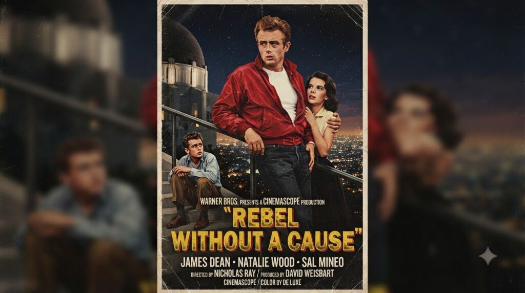 A vintage movie poster for Rebel Without a Cause featuring James Dean in his iconic red jacket