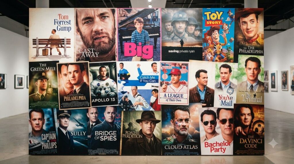 A compilation of movie posters featuring Tom Hanks in some of his most famous roles such as Forrest Gump Saving Private 