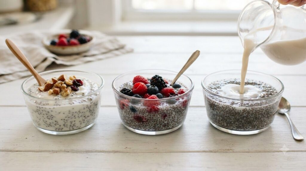 Three individual bowls each showcasing a different chia seed preparation one with yogurt and protein another with mixed 