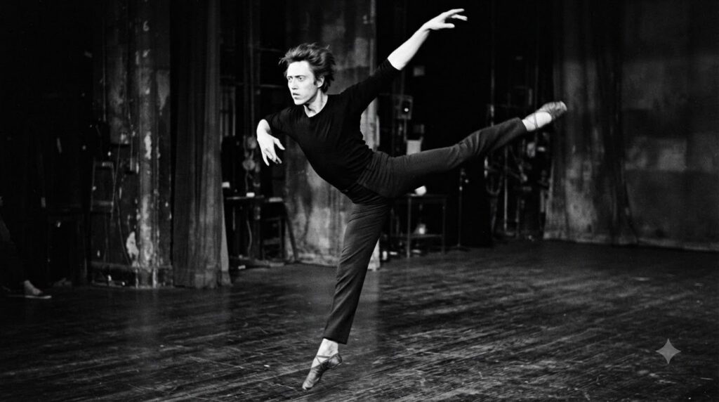 A black and white photo of a young Christopher Walken performing a dance move on stage possibly ballet or tap with dynam
