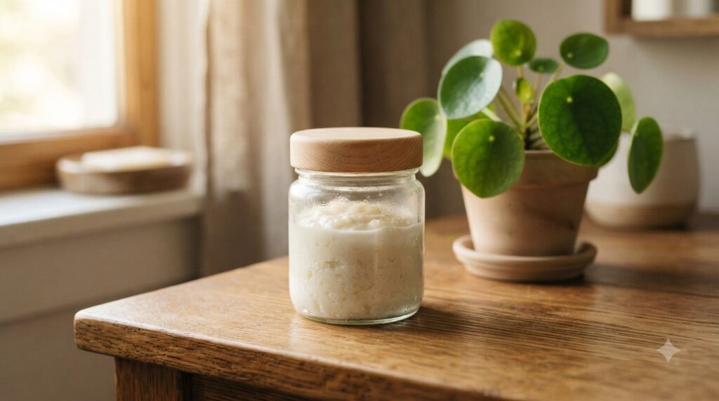 A small glass jar filled with the homemade rice cream placed on a vanity or beside a bed suggesting a nighttime routine 