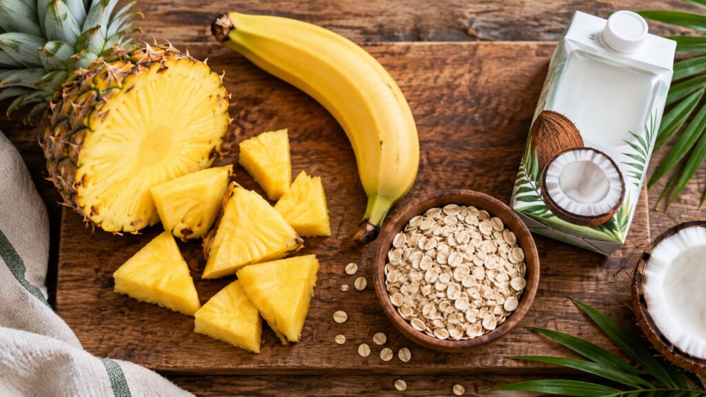Ingredients for a tropical smoothie laid out on a wooden board including fresh pineapple a banana oats and coconut milk