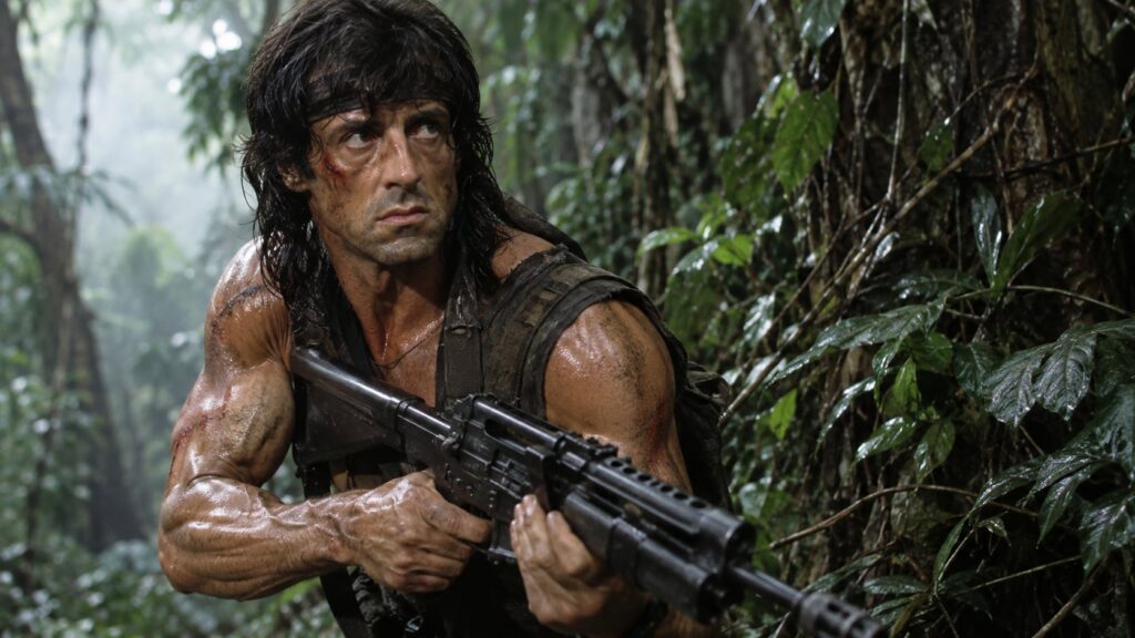 A promotional image of Sylvester Stallone as John Rambo looking rugged and intense holding a large weapon in a jungle se