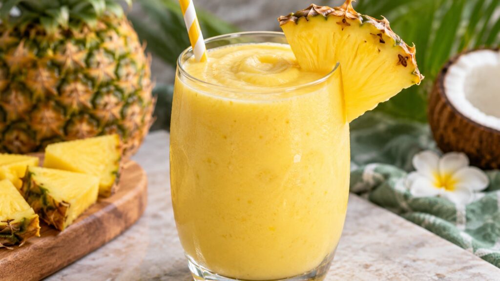 Close-up of a vibrant yellow tropical smoothie in a glass garnished with a pineapple slice