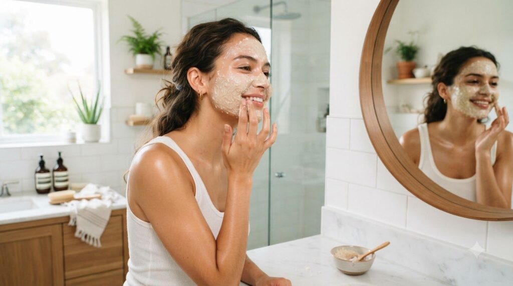A person gently applying a homemade rice and Vaseline mask to their clean face looking relaxed and happy