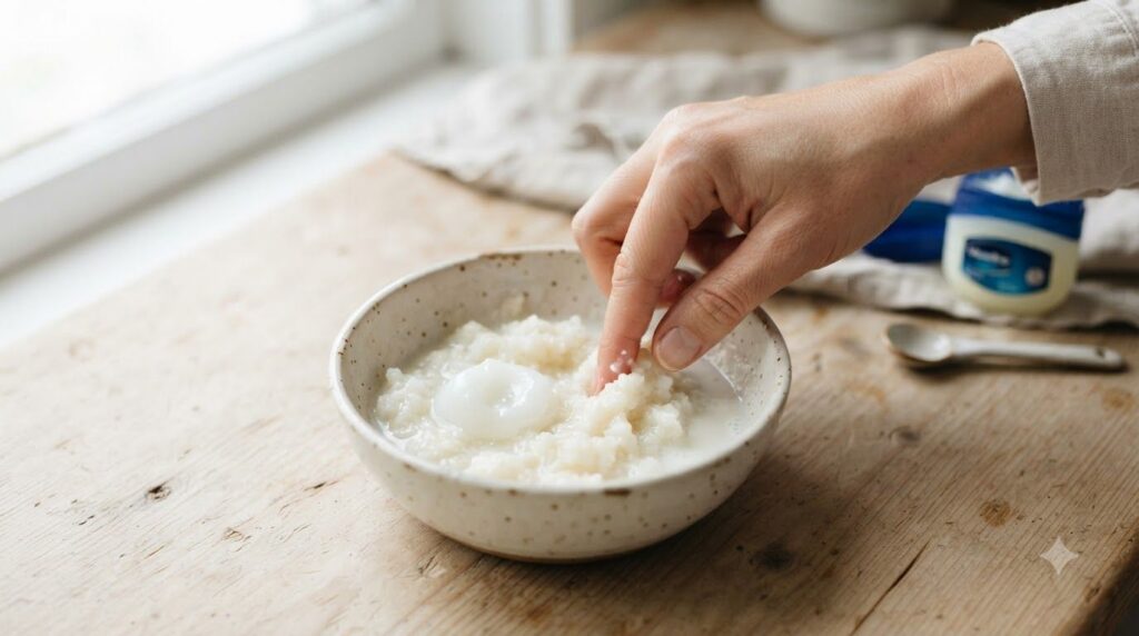 A close-up of a DIY face mask being mixed in a small bowl showing mashed rice a dollop of Vaseline and a splash of milk