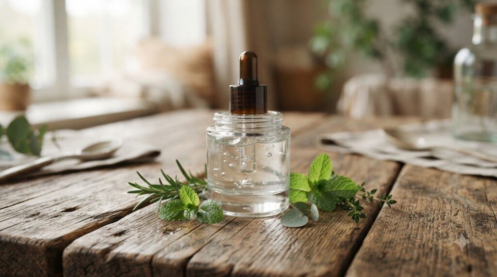 A small clear glass jar of natural gel on a wooden surface surrounded by some fresh green leaves symbolizing natural ing