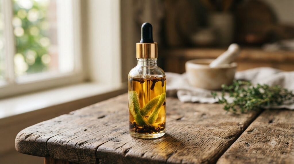 A close-up of a glass bottle containing infused oil with lime peels and cloves with a dropper cap The background shows s