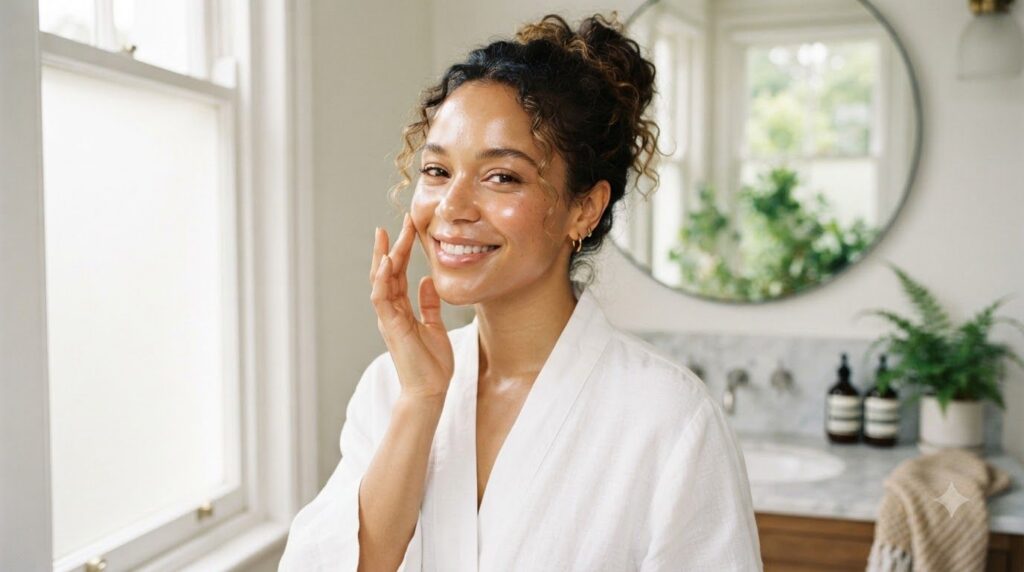 A woman gently touching her clear glowing cheek looking refreshed and happy