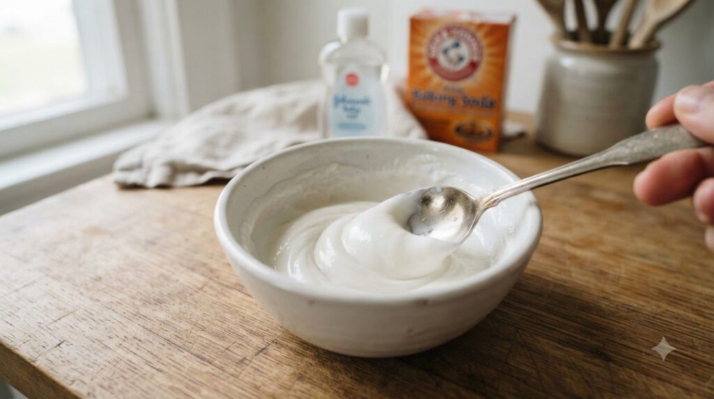 Close-up shot of a small bowl containing a mixture of baking soda and baby oil being stirred with a spoon The texture is