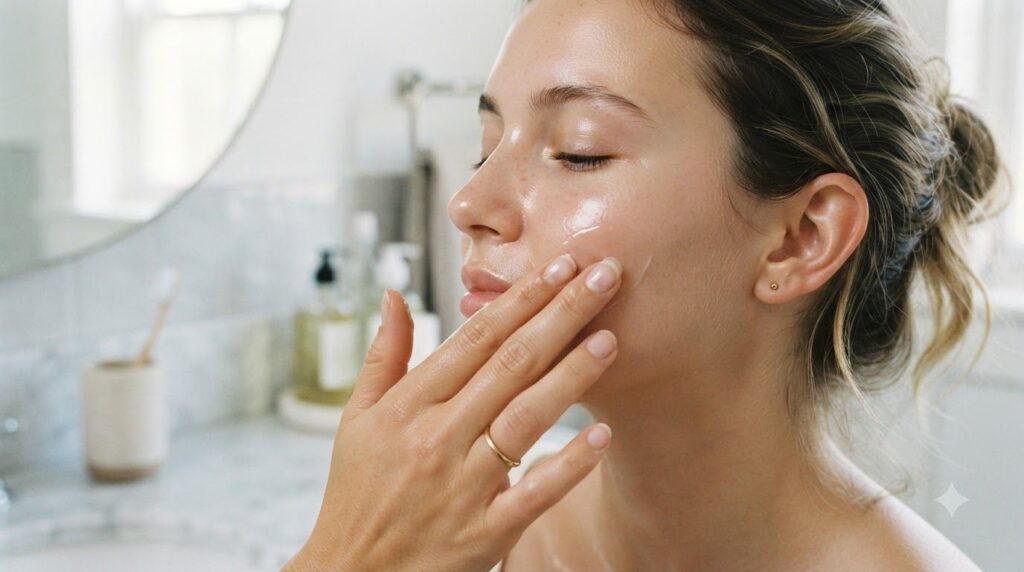 A hand gently applying a thin layer of Vaseline to a person s face after cleansing showing a soft moisturized finish
