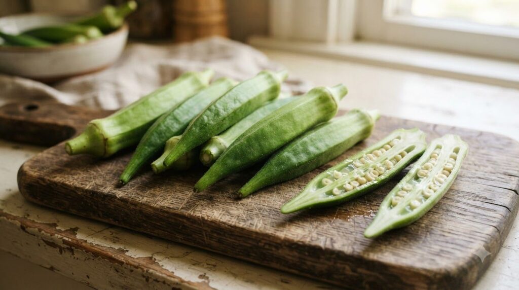 Close-up of fresh okra pods on a wooden cutting board with some sliced open to show the mucilage inside