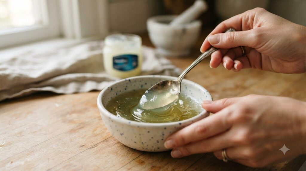 Hands stirring Vaseline into warm okra gel in a small glass bowl showing the smooth green mixture