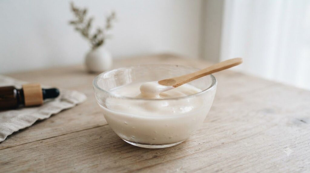 A small glass bowl containing the freshly mixed DIY glass skin elixir showing a creamy smooth texture ready for applicat