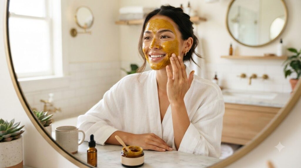 A woman gently applying a golden turmeric face mask to her clean face with a soft content expression in a well-lit bathr