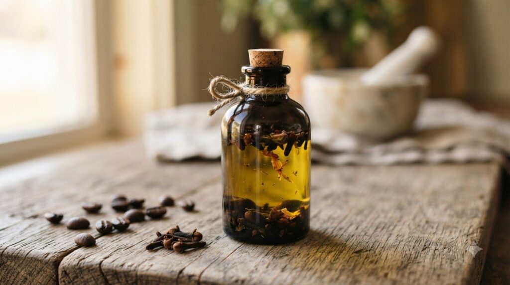 A small elegant dark glass bottle of the finished infused baby oil placed on a wooden surface with some dried coffee bea