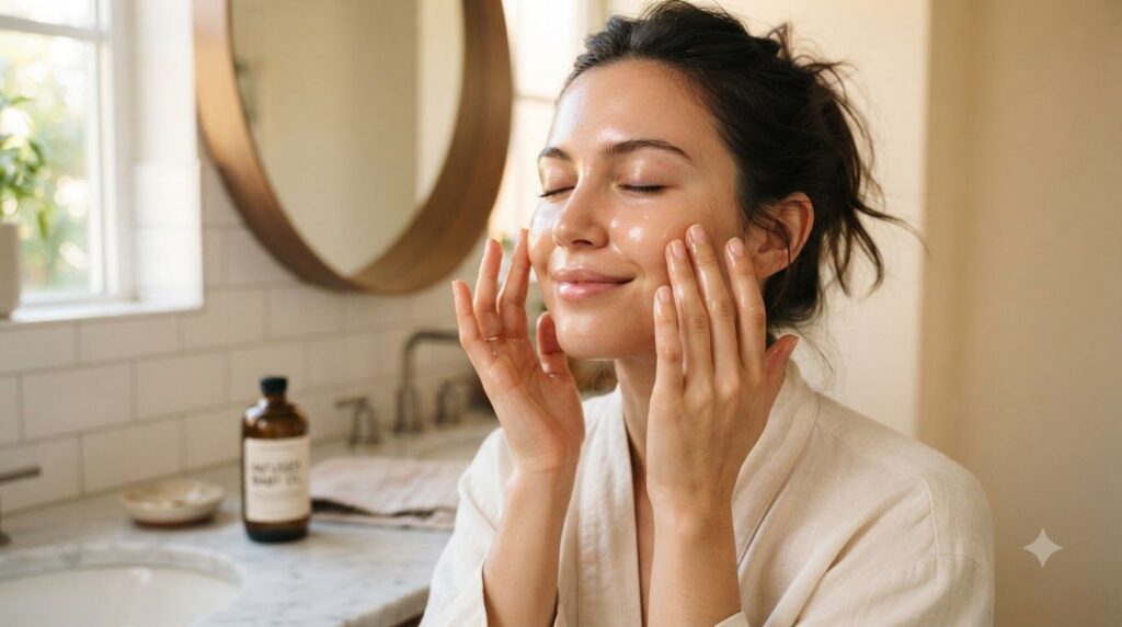 Hands gently massaging the infused baby oil onto a clean face demonstrating the application with a soft focus on the ski