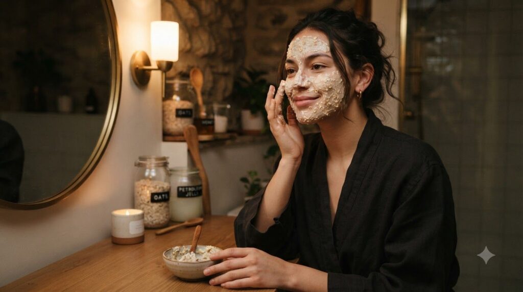 A person applying the Vaseline honey and oats mask to their clean face before bed with soft natural lighting