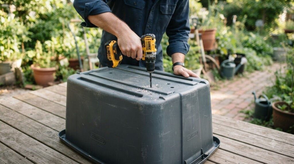 A close-up shot of a hand drilling drainage holes into the bottom of a large plastic storage tub