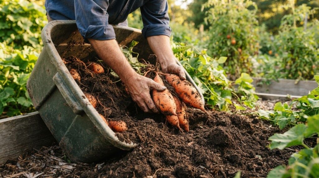 A person gently harvesting sweet potatoes from a tilted storage tub revealing several healthy tubers