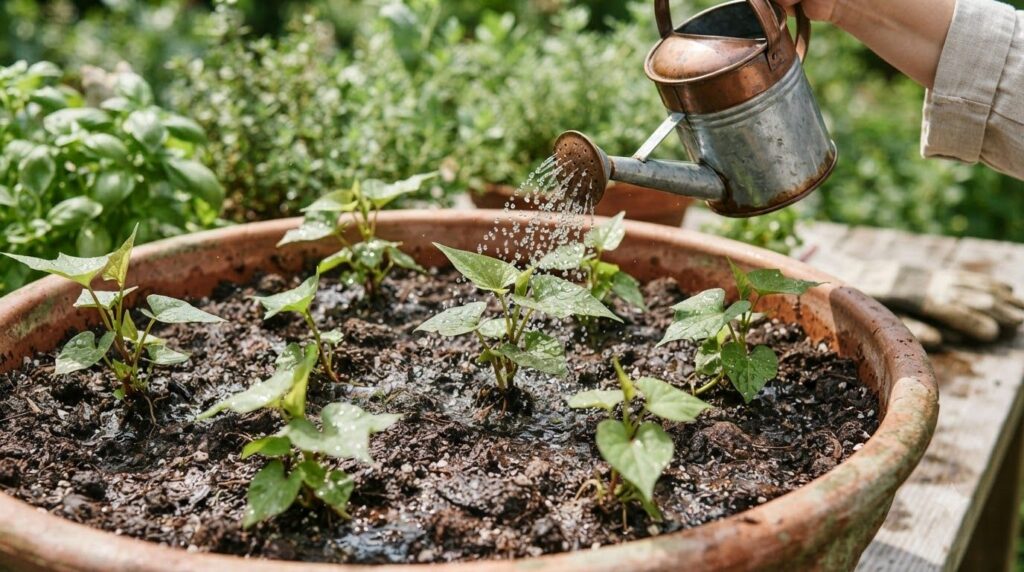 A close-up of young sweet potato slips freshly planted in a large container with potting soil being gently watered