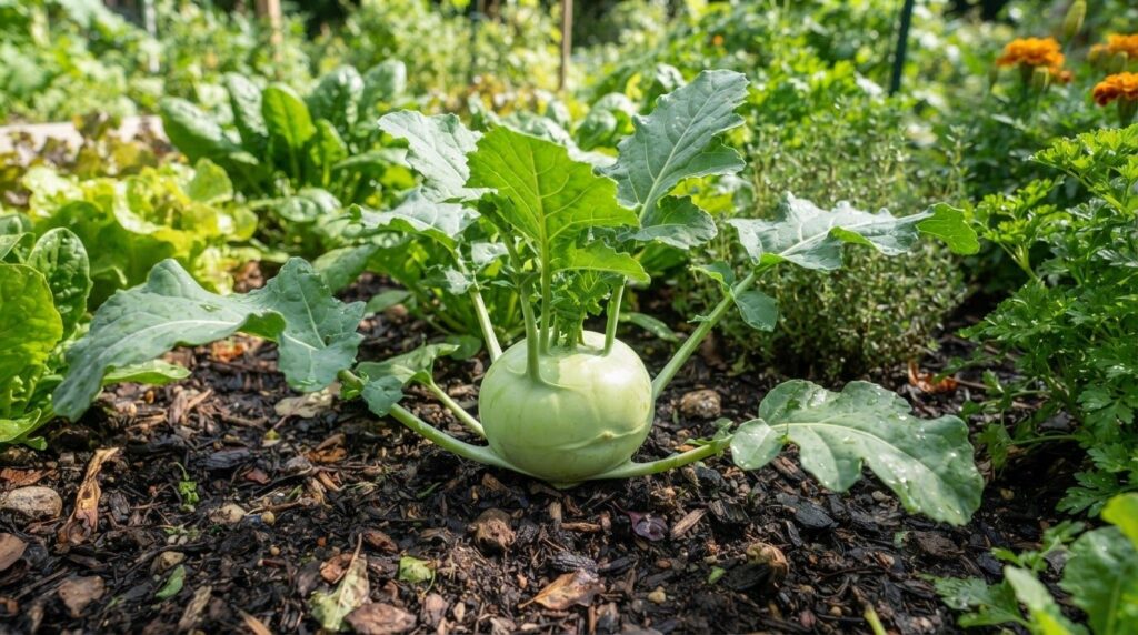 A close-up of a kohlrabi plant in the garden showing its unique globe-like stem growing above the soil with leaves exten