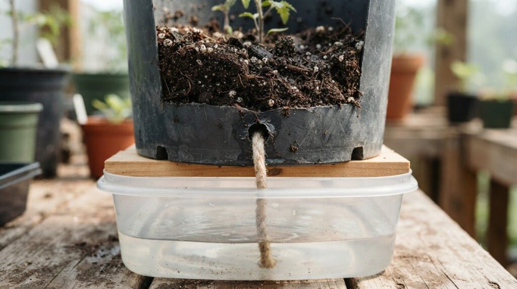 A close-up of a prepared upcycled bucket with a wick threaded through the bottom ready to be nested into the water reser