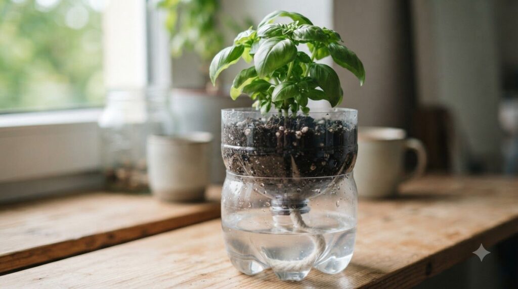 A close-up of a DIY self-watering planter made from a plastic bottle showing a small plant thriving in the top section w