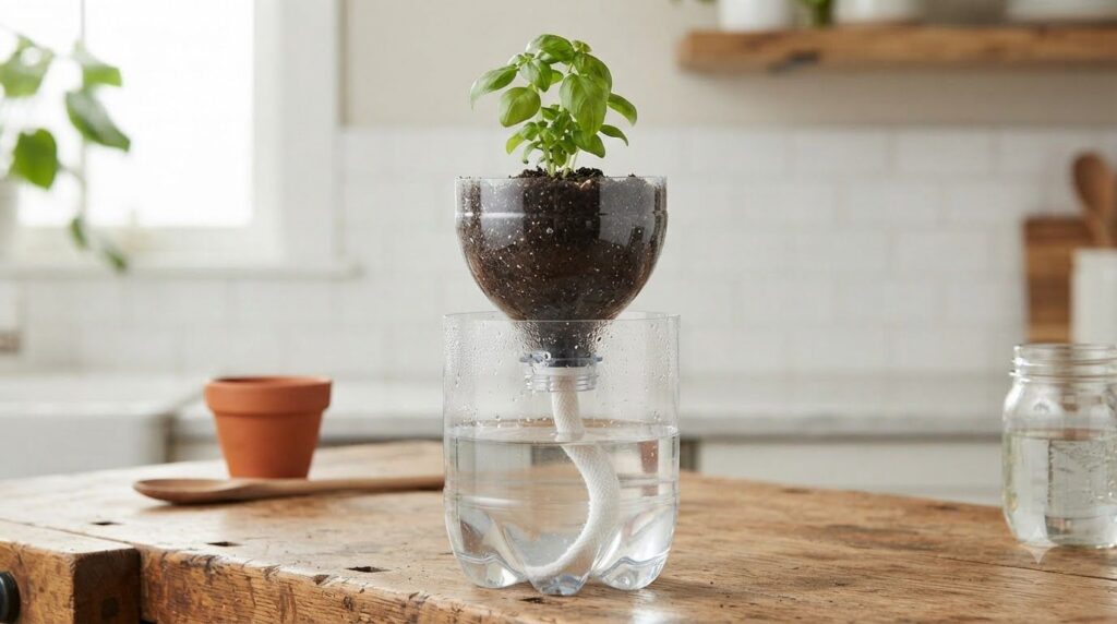 A partially assembled self-watering planter showing the inverted top section with wick placed into the bottom reservoir 