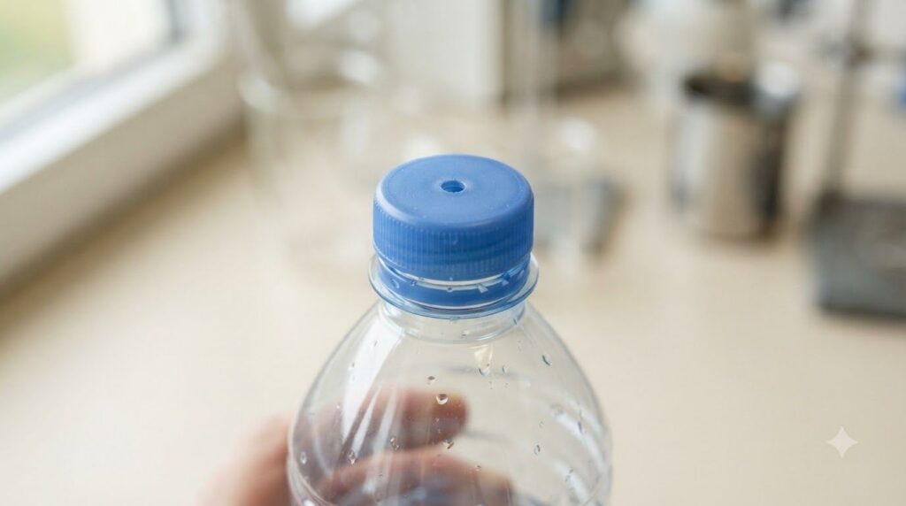 A close-up of a plastic bottle top with a small hole drilled into the cap ready for the wick