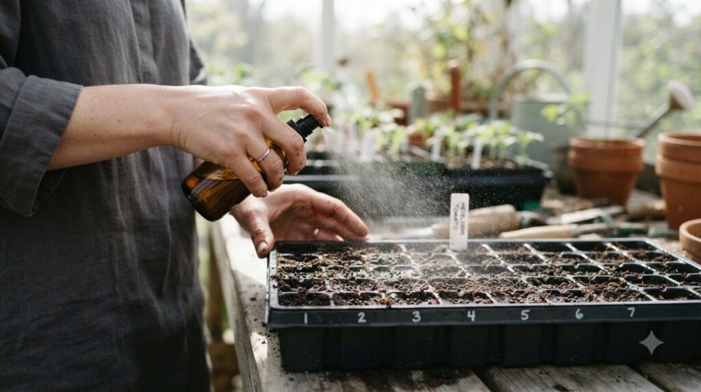 A gardener gently watering newly planted seeds in seed-starting trays with a fine mist sprayer emphasizing gentle and co