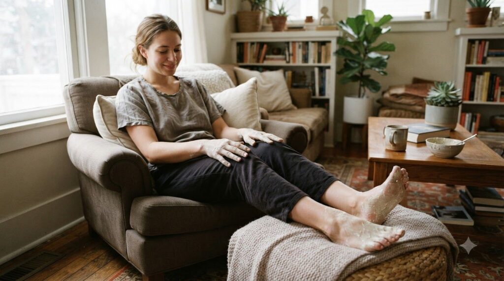 A person s hands and feet with a thin layer of the potato and toothpaste paste applied relaxing in a serene home setting