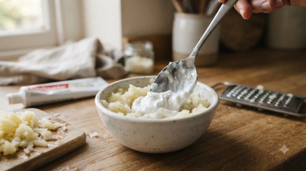 A close-up of a small bowl containing a mixture of grated potato and white toothpaste being stirred with a spoon to form