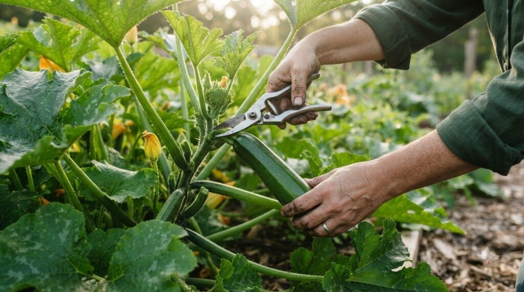 A hand harvesting a small firm zucchini from a plant