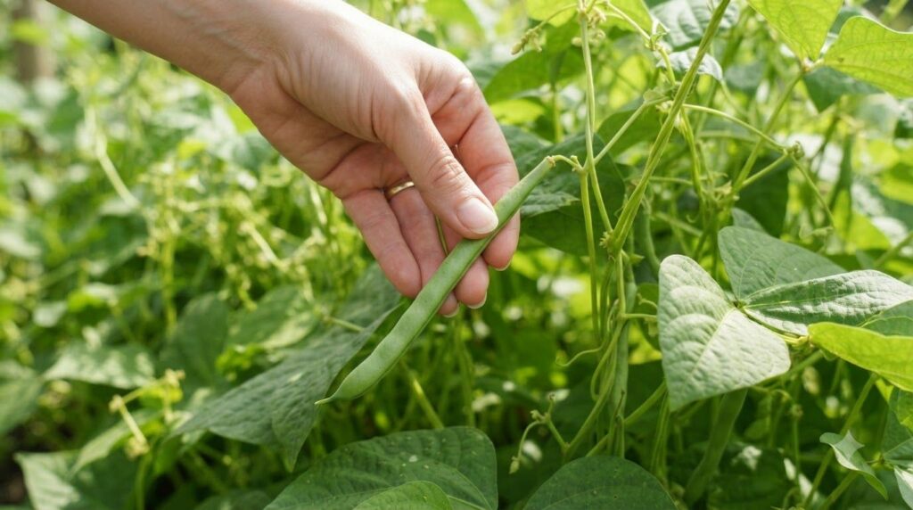 A hand snapping a crisp green bean from its stem
