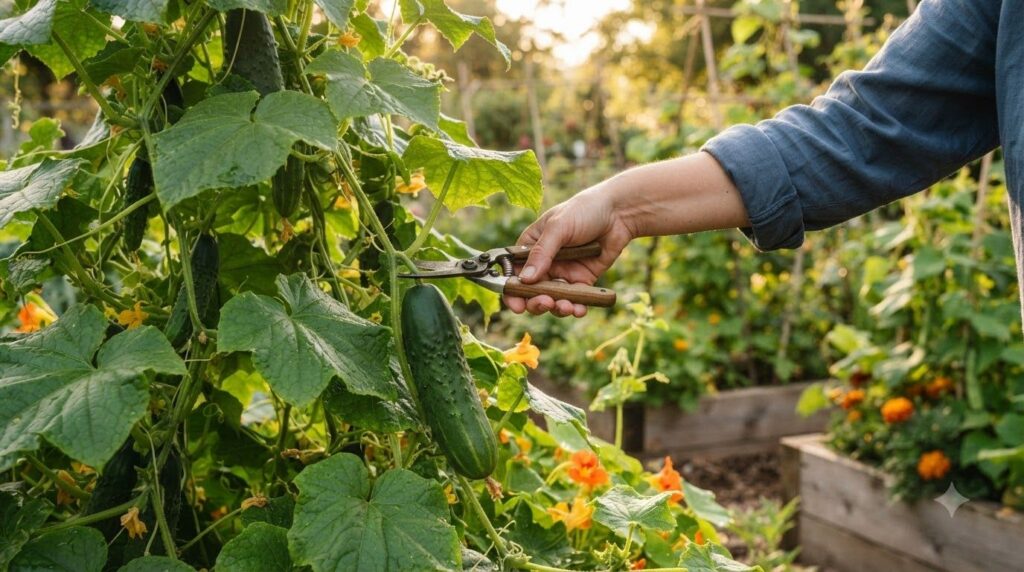 A hand harvesting a medium-sized firm cucumber from a vine