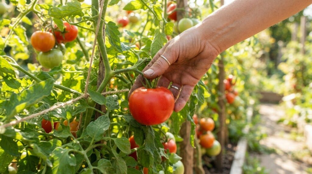 A hand gently twisting a fully red firm tomato off its vine