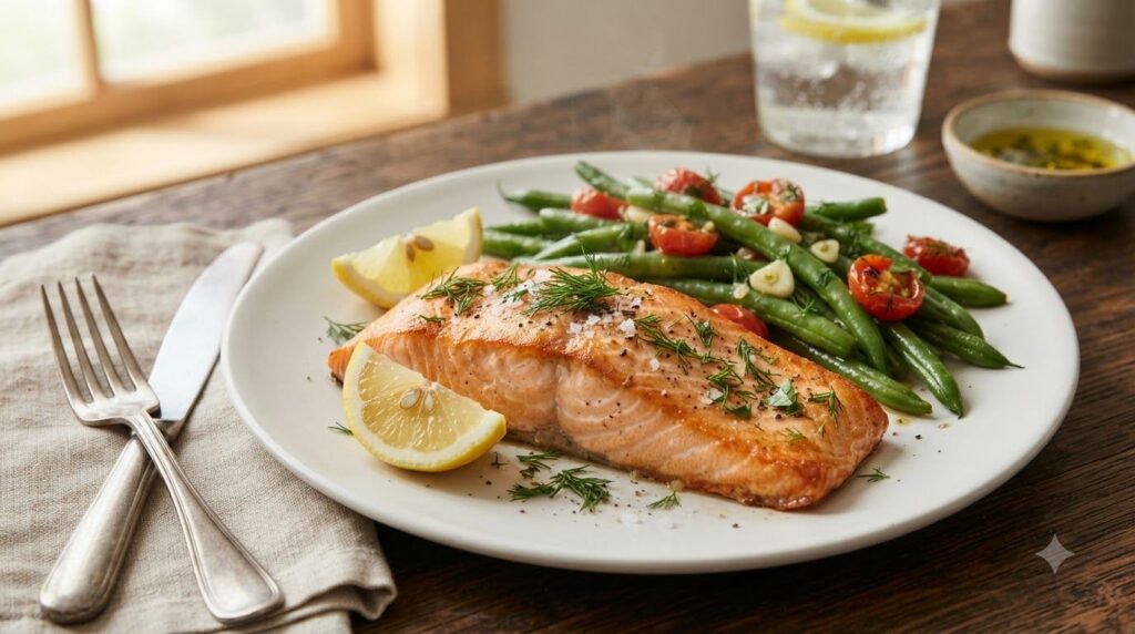A perfectly cooked salmon fillet on a plate with fresh herbs and a side of vegetables
