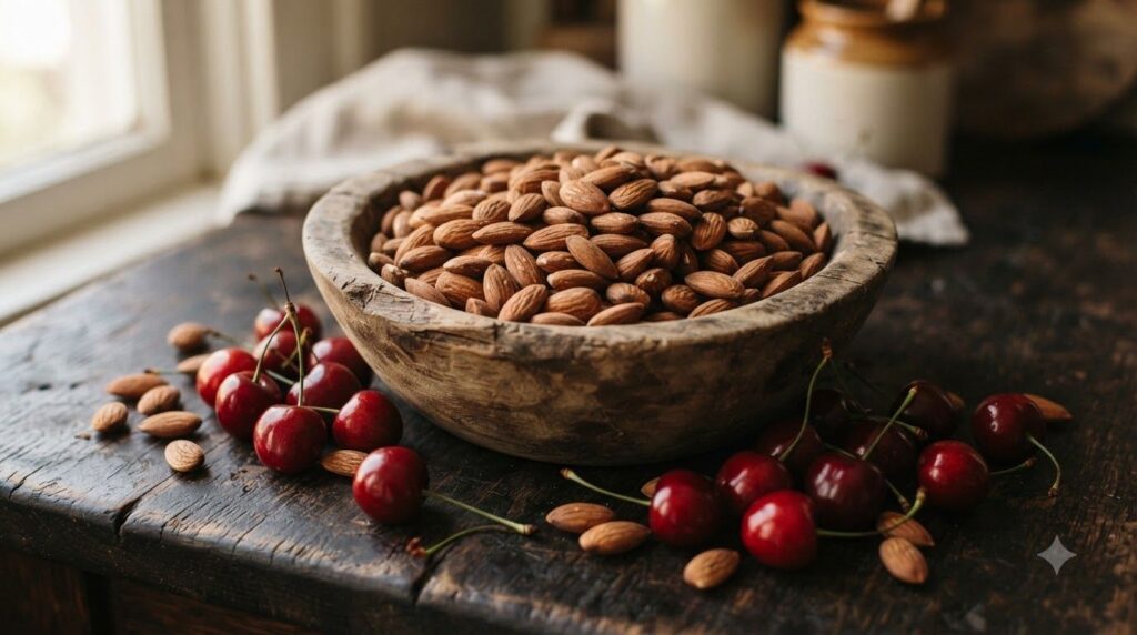 A small bowl of whole almonds with some tart cherries scattered around it