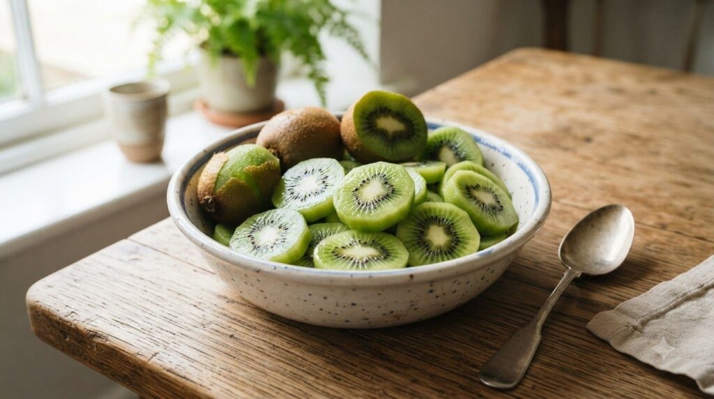 A bowl of fresh sliced kiwi fruit with a spoon ready to eat